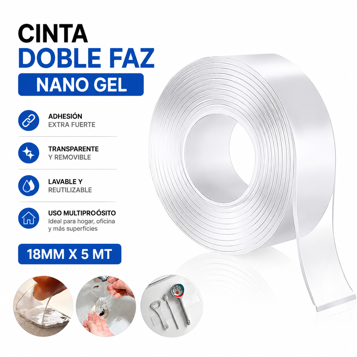 CINTA RIOTO DOBLE FAZ NANO GEL 18MM X 5 MT