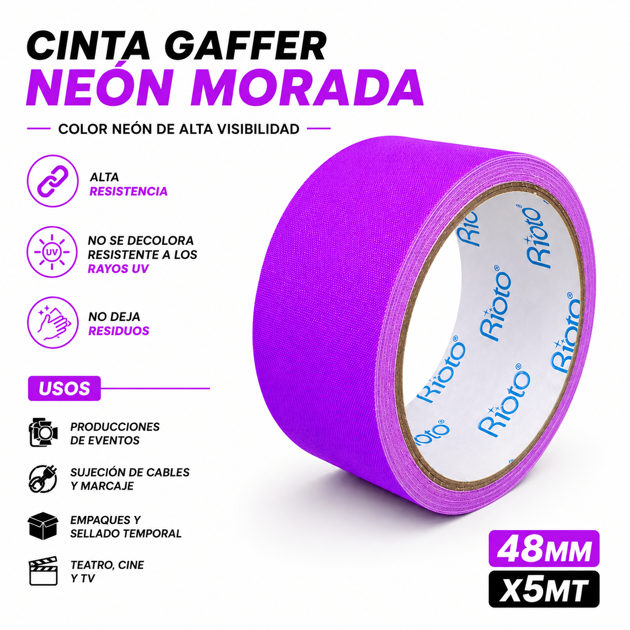CINTA GAFFER NEON MORADO 48MM X5MT RIOTO