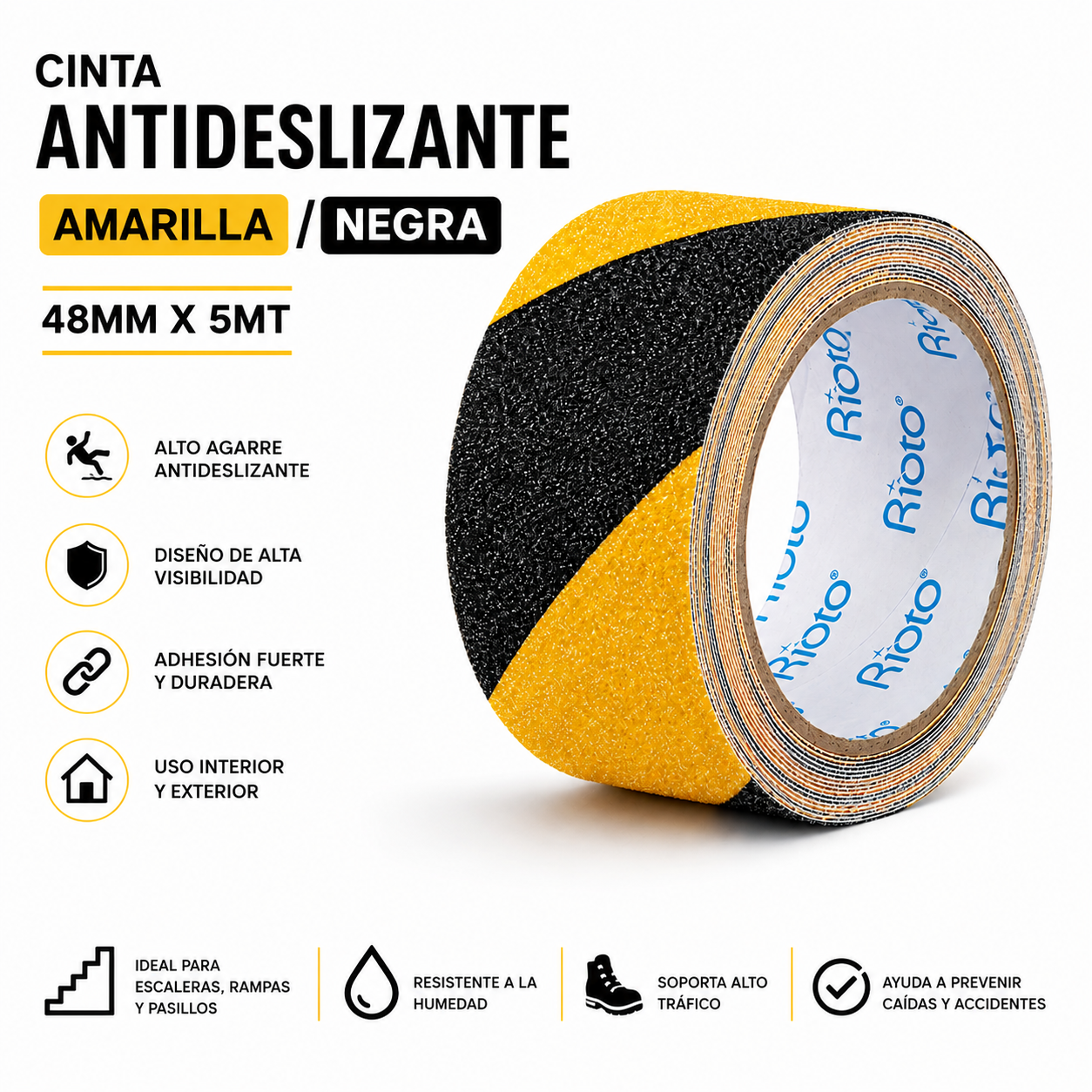 CINTA ANTIDESLIZANTE AMARILLA NEGRO 48MM X 5MT RIOTO