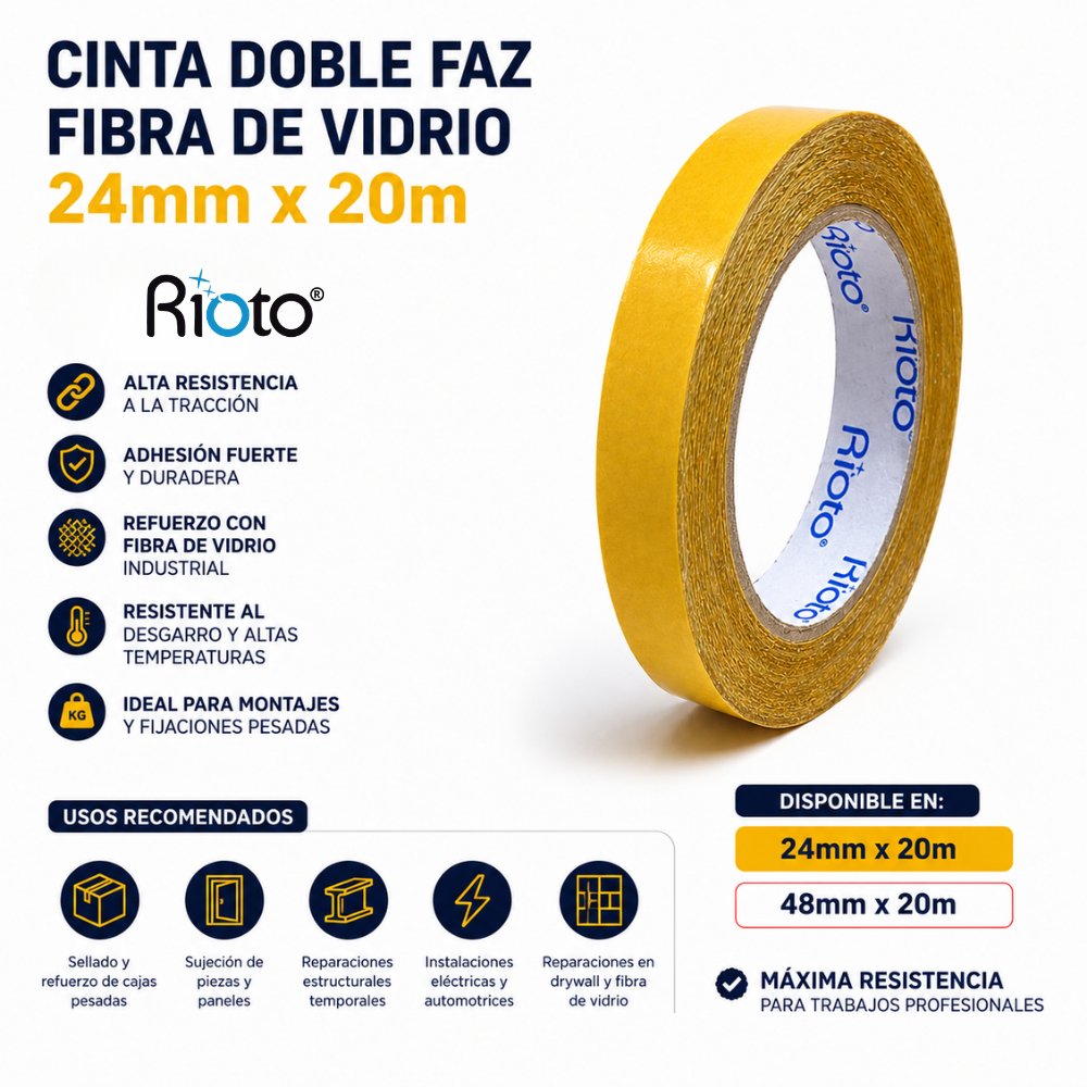CINTA DOBLE FAZ FIBRA DE VIDRIO 24MM X20MT RIOTO