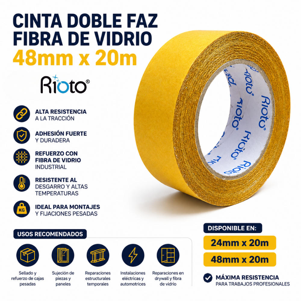 CINTA DOBLE FAZ FIBRA DE VIDRIO 48MM X20MT RIOTO