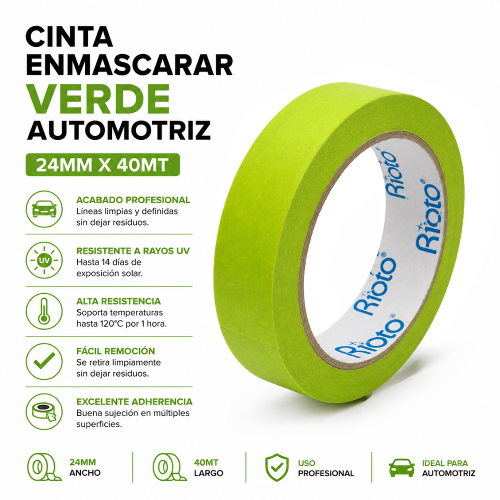 CINTA ENMASCARAR VERDE AUTOMOTRIZ 24MM X40MT RIOTO