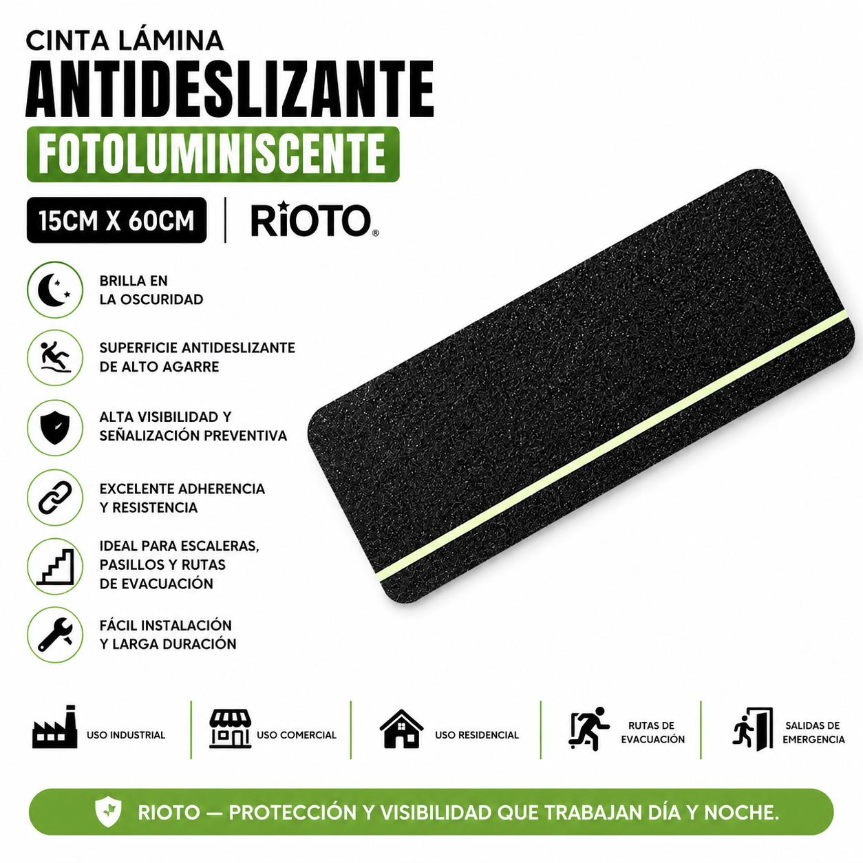 CINTA LAMINA ANTIDESLIZANTE FOTOLUMINISCENTE NEGRO 15CM X 60CM RIOTO