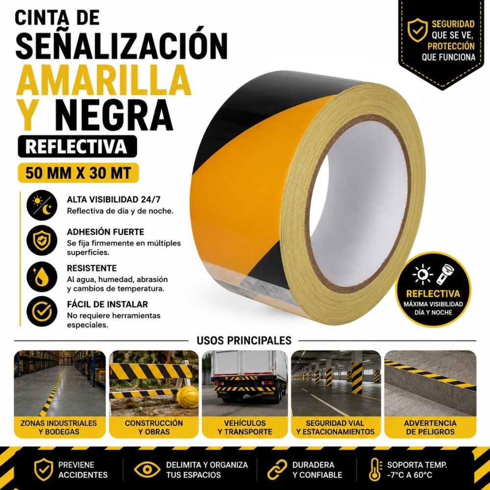 CINTA RIOTO SEÑALIZACION AMARILLA NEGRA REFLECTIVA 50 MM X 30 MT