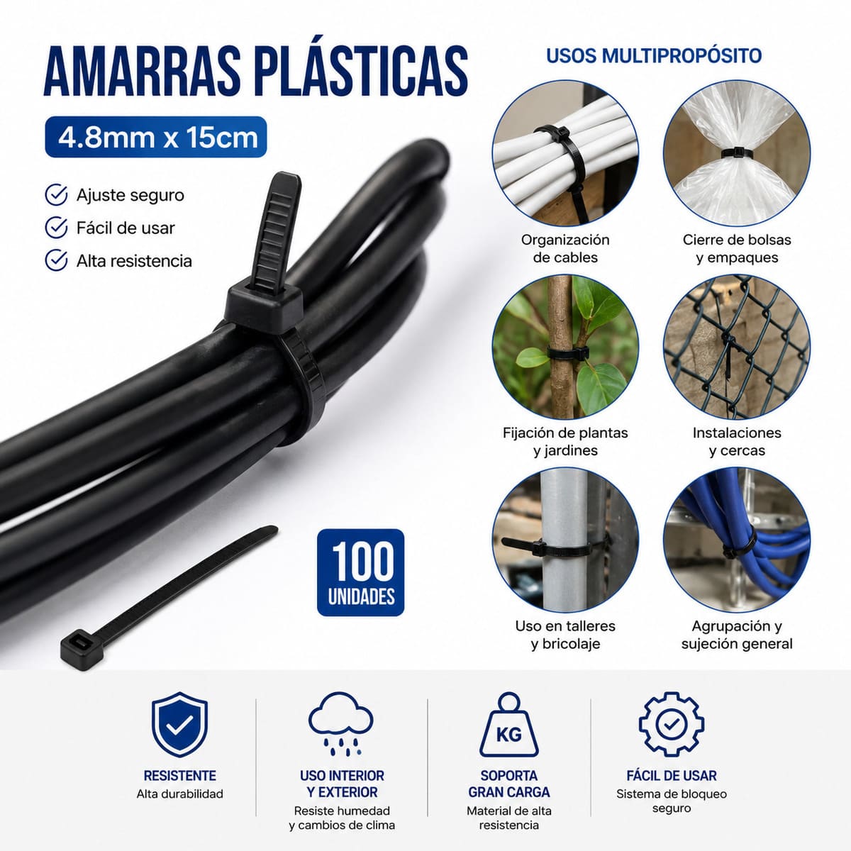 AMARRAS PLASTICAS BLANCAS 4.8MM X15CM RIOTO