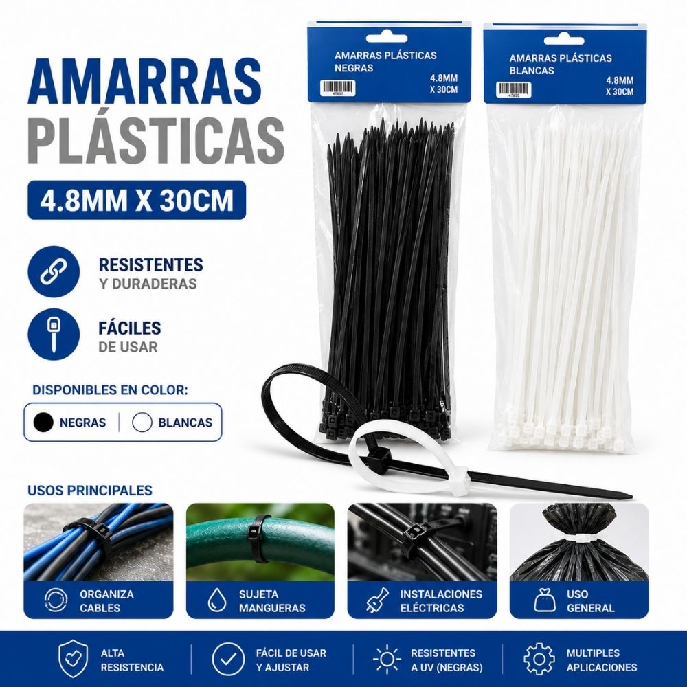 AMARRAS PLASTICAS BLANCAS 4.8MM X30CM RIOTO