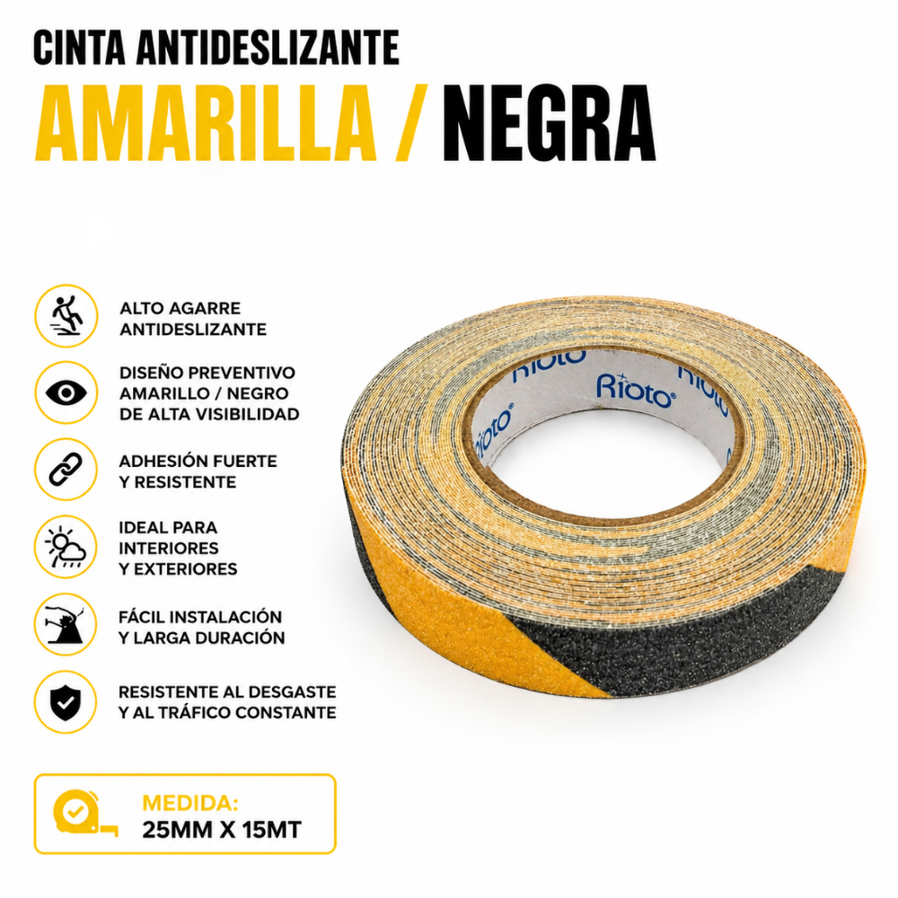 CINTA ANTIDESLIZANTE AMARILLA  NEGRO 25MM X 15MT RIOTO