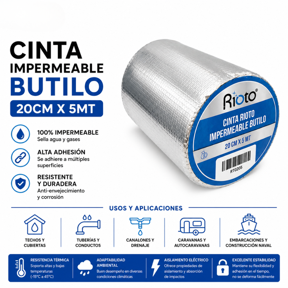 CINTA IMPERMEABLE BUTILO 20CM X5MT RIOTO