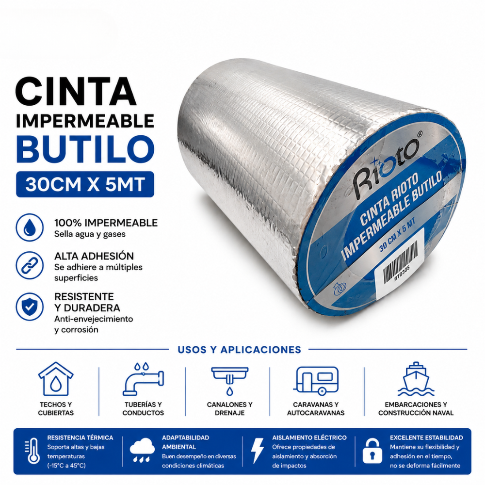 CINTA IMPERMEABLE BUTILO 30CM X5MT RIOTO