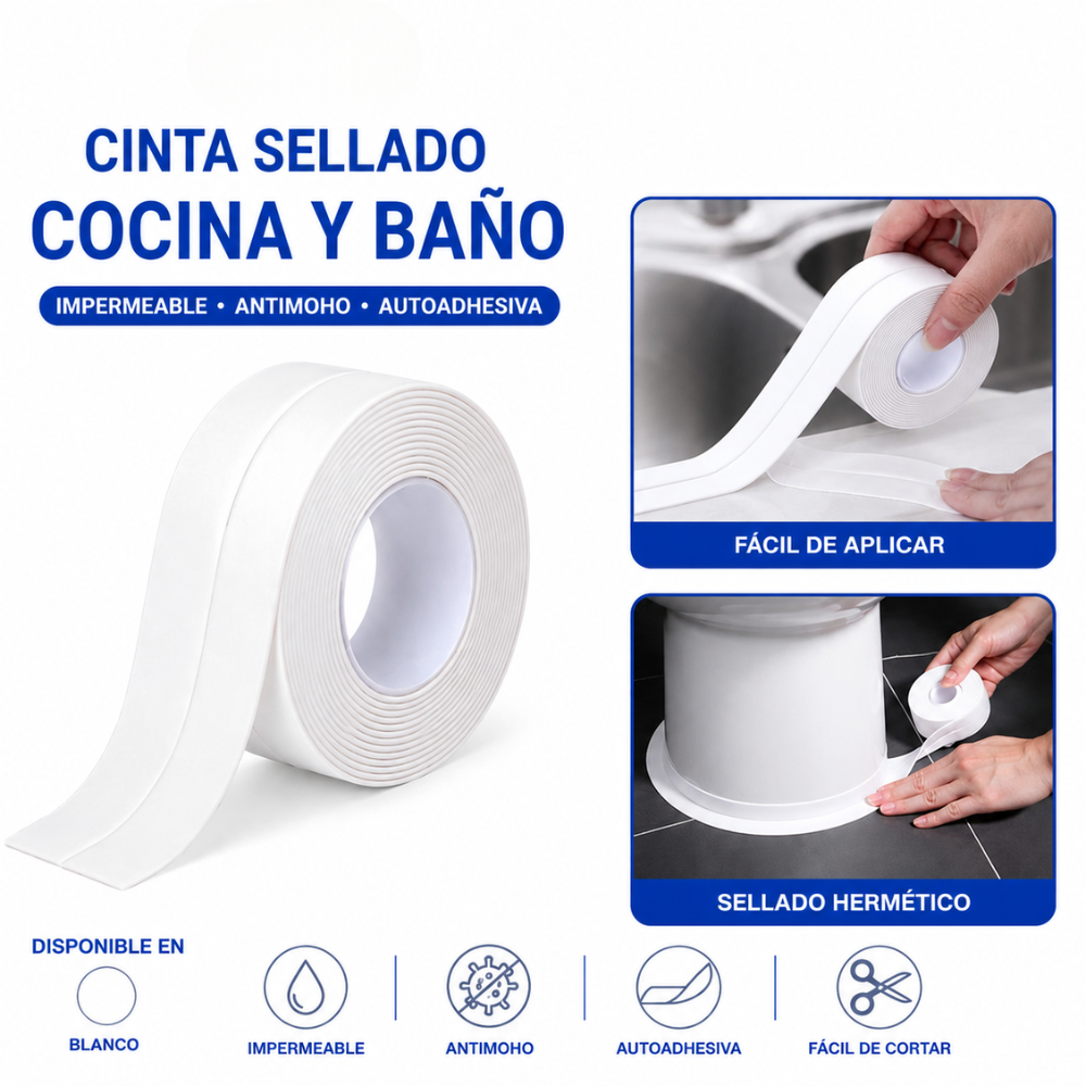 CINTA SELLADO COCINA Y BAÑO BLANCO 36MM X3.2MT RIOTO