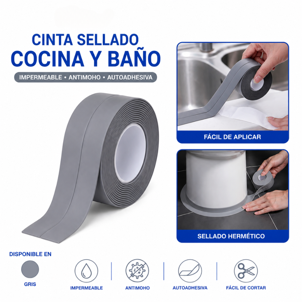 CINTA SELLADO COCINA Y BAÑO GRIS 36MM X3.2MT RIOTO