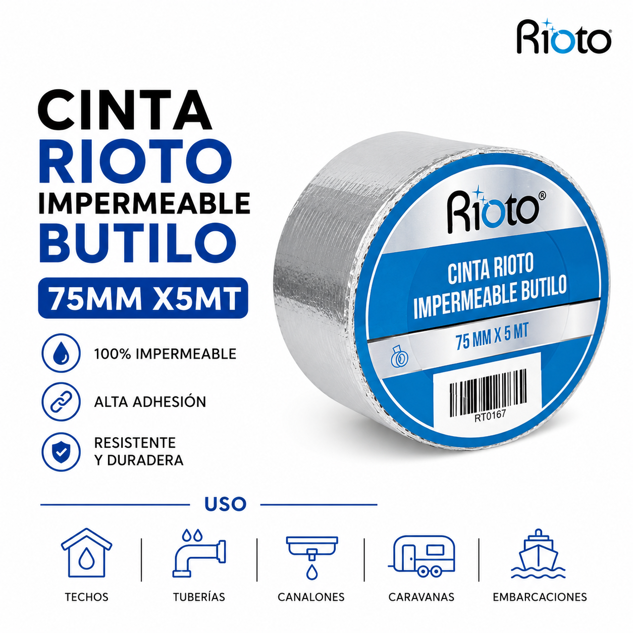 CINTA IMPERMEABLE BUTILO 75MM X5MT RIOTO