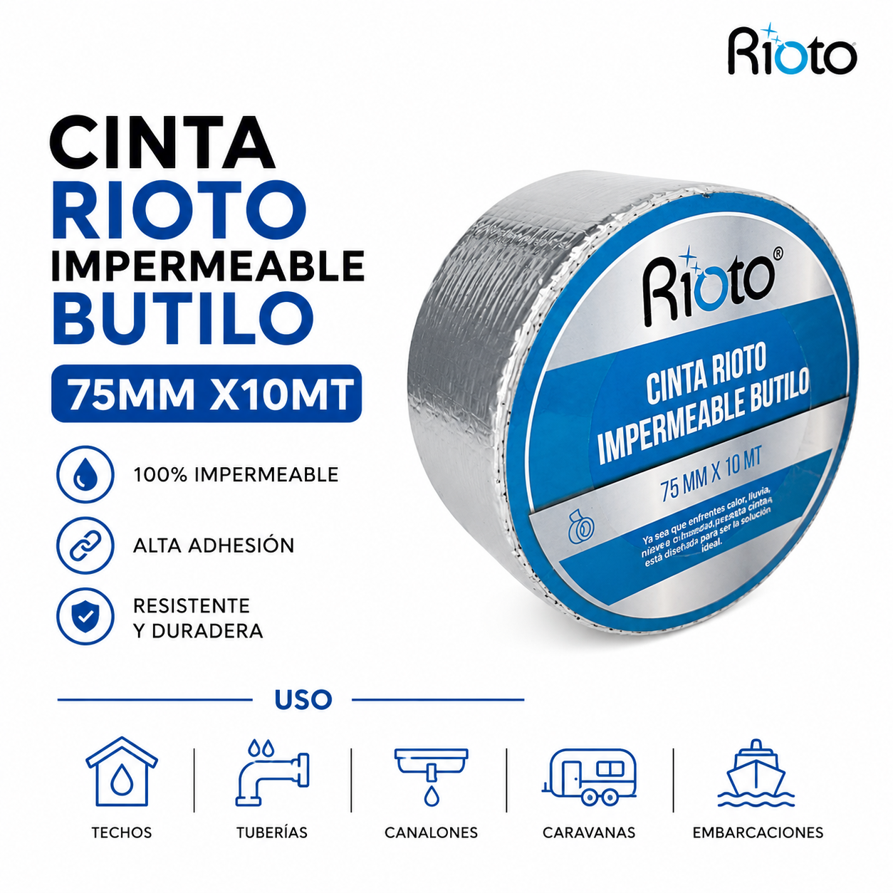 CINTA IMPERMEABLE BUTILO 75 MM X10MT RIOTO