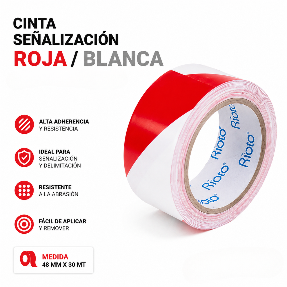 CINTA SEÑALIZACION ROJA BLANCA 48MM X 30MT RIOTO