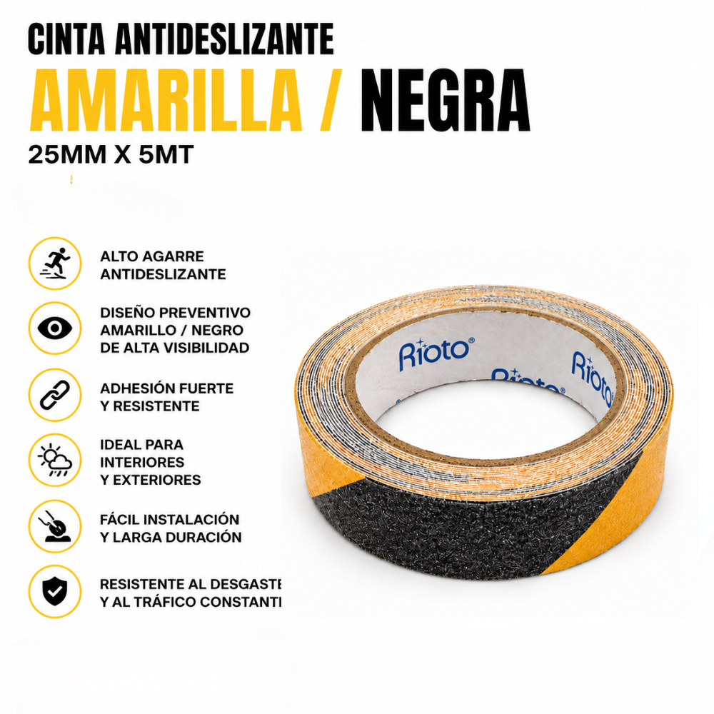 CINTA ANTIDESLIZANTE AMARILLA NEGRO 25MM X 5MT RIOTO