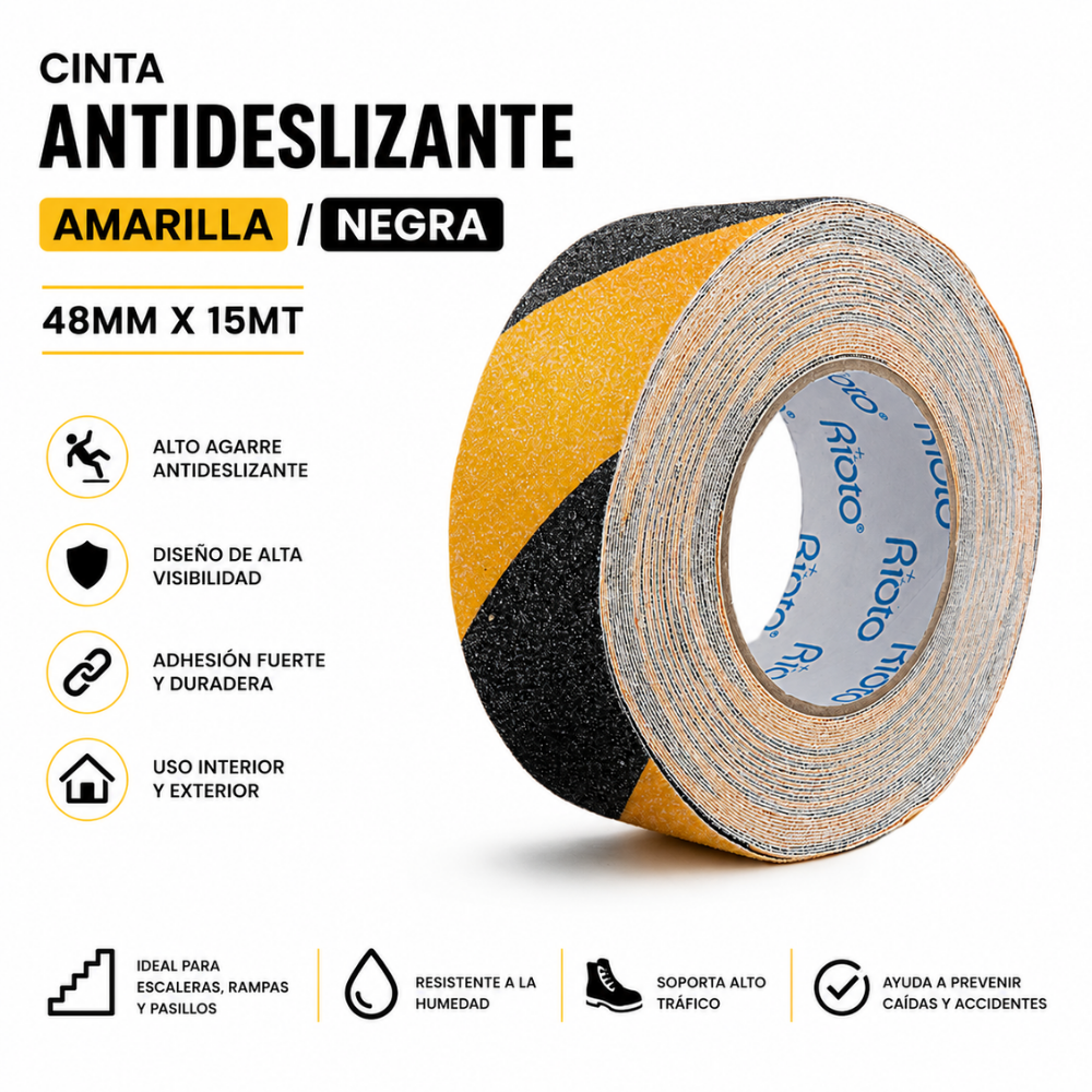 CINTA ANTIDESLIZANTE AMARILLA  NEGRO 48MM X 15MT RIOTO