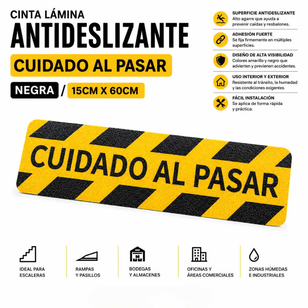 CINTA LAMINA ANTIDESLIZANTE AMARILLA  NEGRO 15CM X 60CM RIOTO