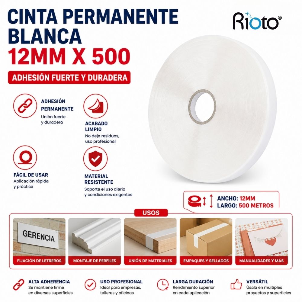 CINTA PERMANENTE BLANCA 12MM X500 RIOTO