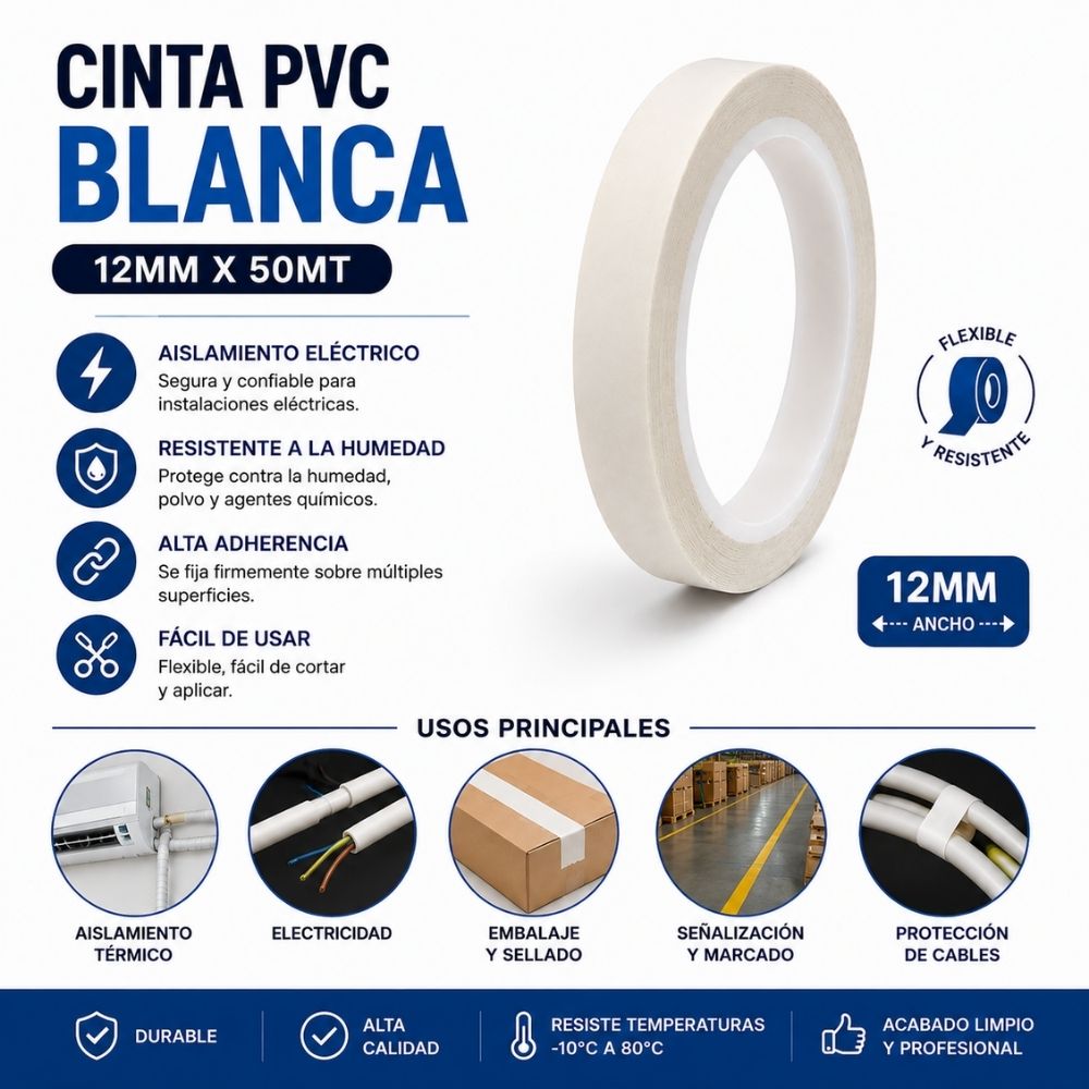 CINTA PVC BLANCA 12MM X 50MT RIOTO