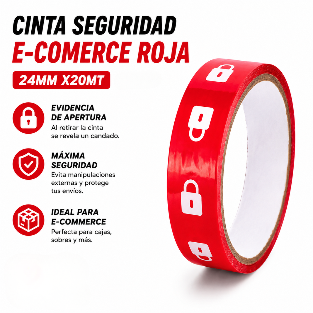 CINTA SEGURIDAD E-COMERCE ROJA 24MM X20MT RIOTO